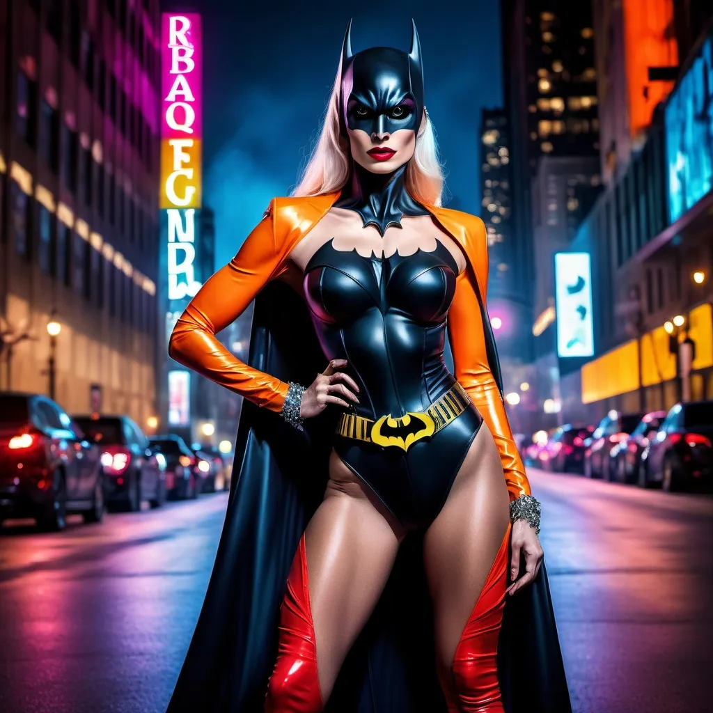 Prompt: If Batman was a gorgeous supermodel drag queen (full length photo) with long muscular legs