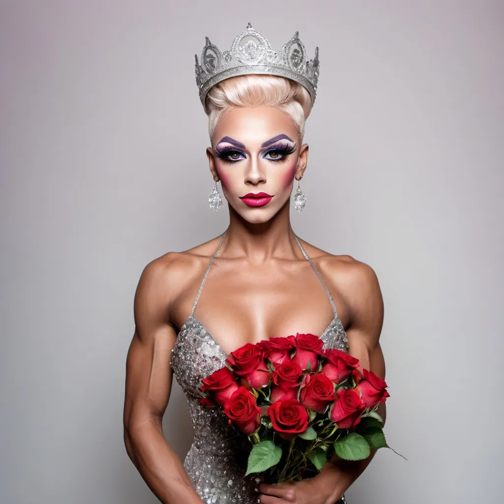 Prompt: Gorgeous muscular 18-year-old British drag queen prom queen (very strong masculine facial features) posing on stage holding a bouquet of roses 