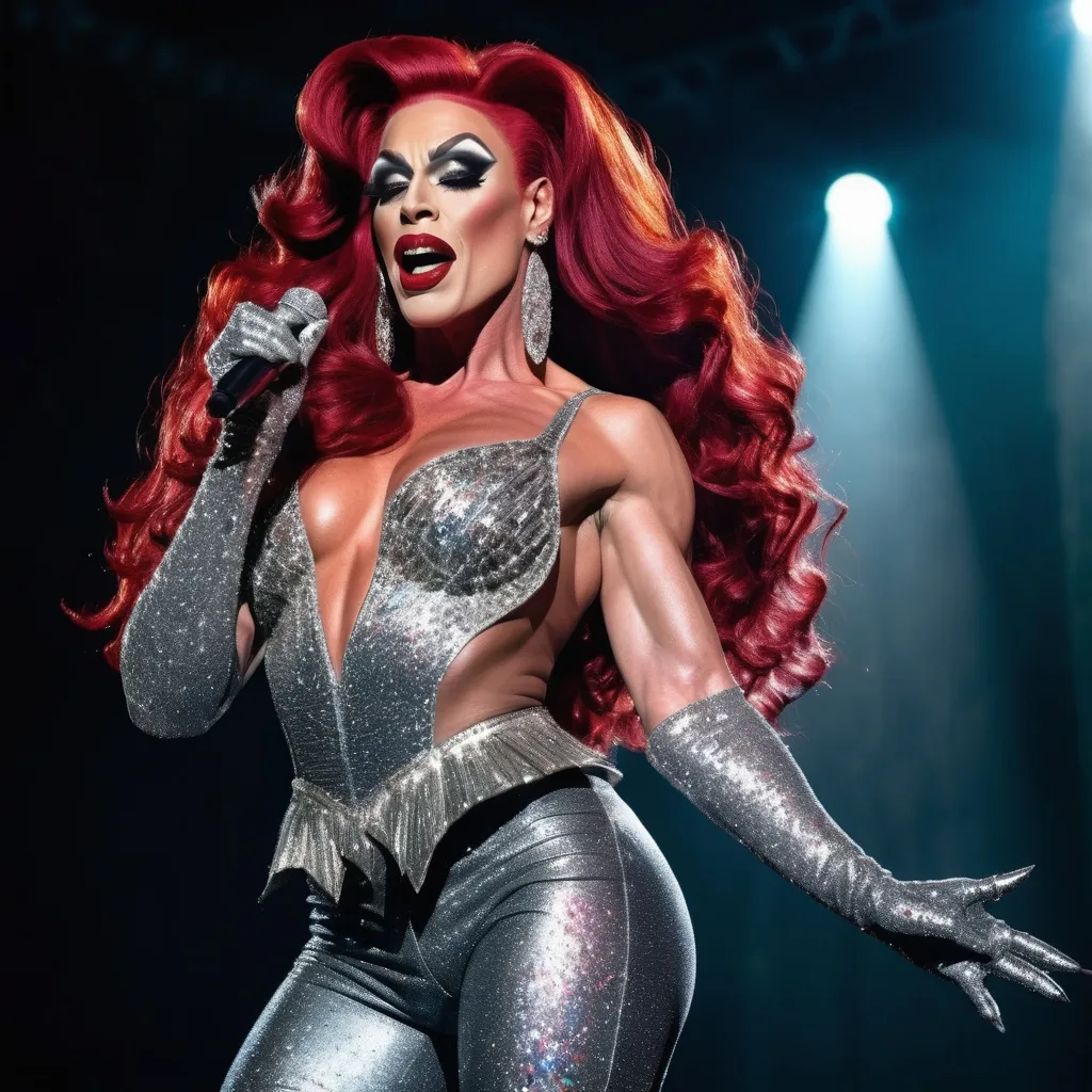 Prompt: Gorgeous muscular 35-year-old superstar drag queen (strong masculine jawline and brow features) with long flowing bright red hair, dark eyeshadow, and dark red lipstick. Glittery sparkly knee-high sliver high heel boots.  Singing at a big concert 