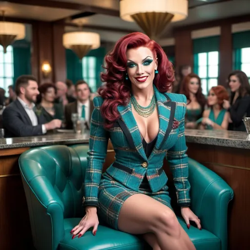 Prompt: Sophisticated art deco lounge, elegant gorgeous muscular 25-year-old British drag queen bodybuilder with large busom, curly dark red hair,  teal plaid tweed jacket, teal blouse, teal pencil skirt, black 6 inch stiletto high heel boots, crowded scene, muscular physique, subtle smile, high-res photo, art deco, elegant, detailed facial features, realistic, sophisticated, busy setting, vibrant colors, professional photography