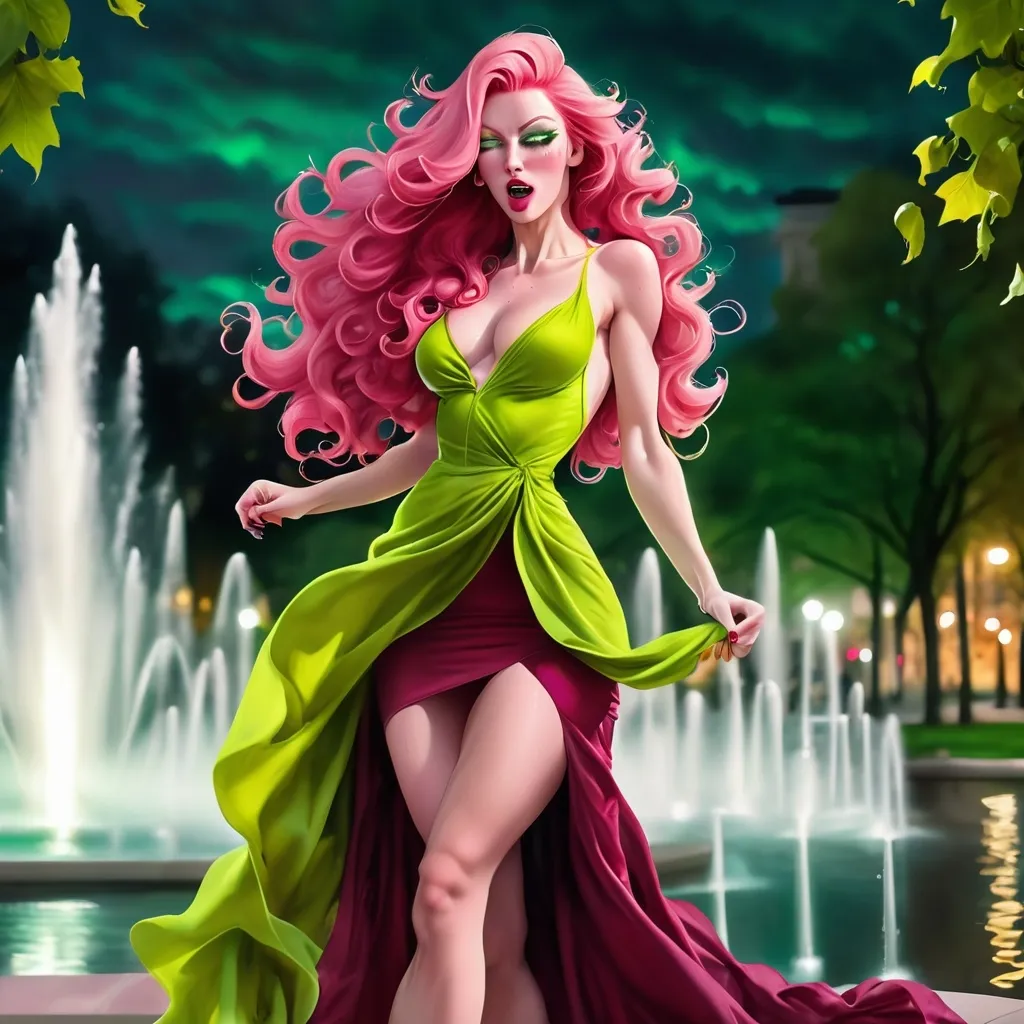 Prompt: Gorgeous, tall, 25-year-old, sophisticated, Finnish goddess bodybuilder with ridiculously long wavy pink hair (((blowing in the wind))), dark eye shadow and dark red lipstick,  wearing a extravagant yellow and green Prada dress and 8 inch high heel shoes, posing by the fountain in the park at night.