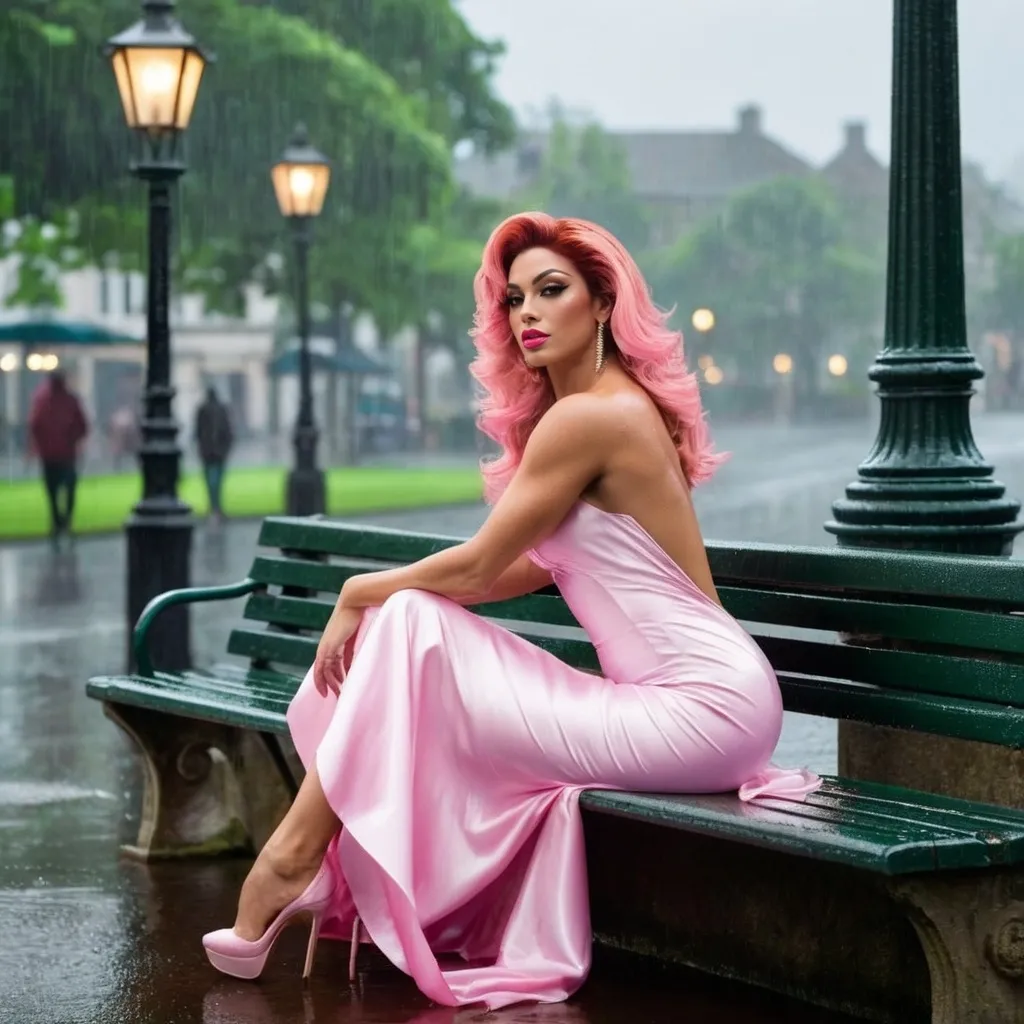 Prompt: A mesmerizing digital photograph of a gorgeous, muscular 25-year-old Portuguese drag queen bodybuilder in a flowing pink & white silk dress, seated on a wet bench beneath a dim, old street lamp in a rain-soaked park. With an air of mystique, she gracefully dances, its rich tones resonating through the damp air. The atmosphere is both enchanting and melancholic, with the rain-drenched landscape enhancing the emotional intensity of the scene.