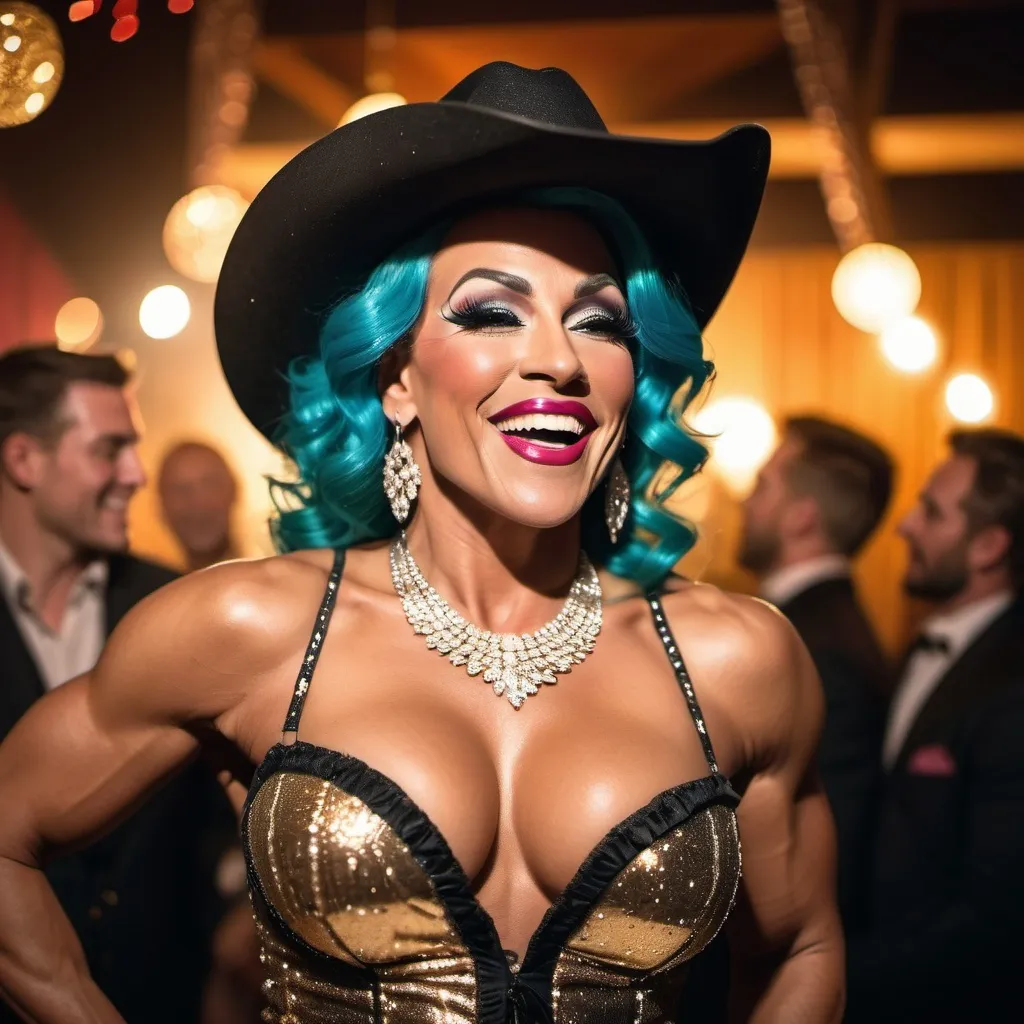 Prompt: A wide, soft focus, full-body (((cowboy shot))) of a Swiss champagne drag queen diva bodybuilder at a bohemian masquerade ball. Dramatic lighting and shadows. She is laughing heartedly, expressive body language.