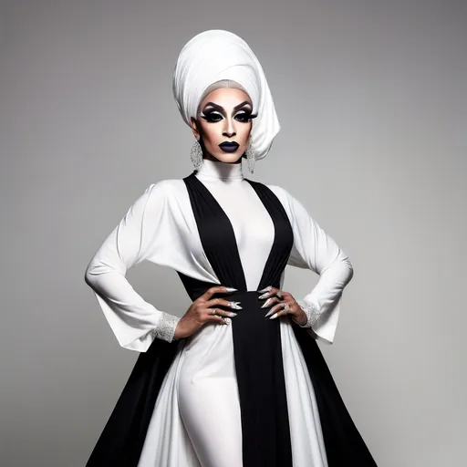 Prompt: Muslim drag queen (very strong masculine facial features) in a dress, long sleeves,, robe,, sleeves past wrists, solo, standing, white and black dress, wide sleeves