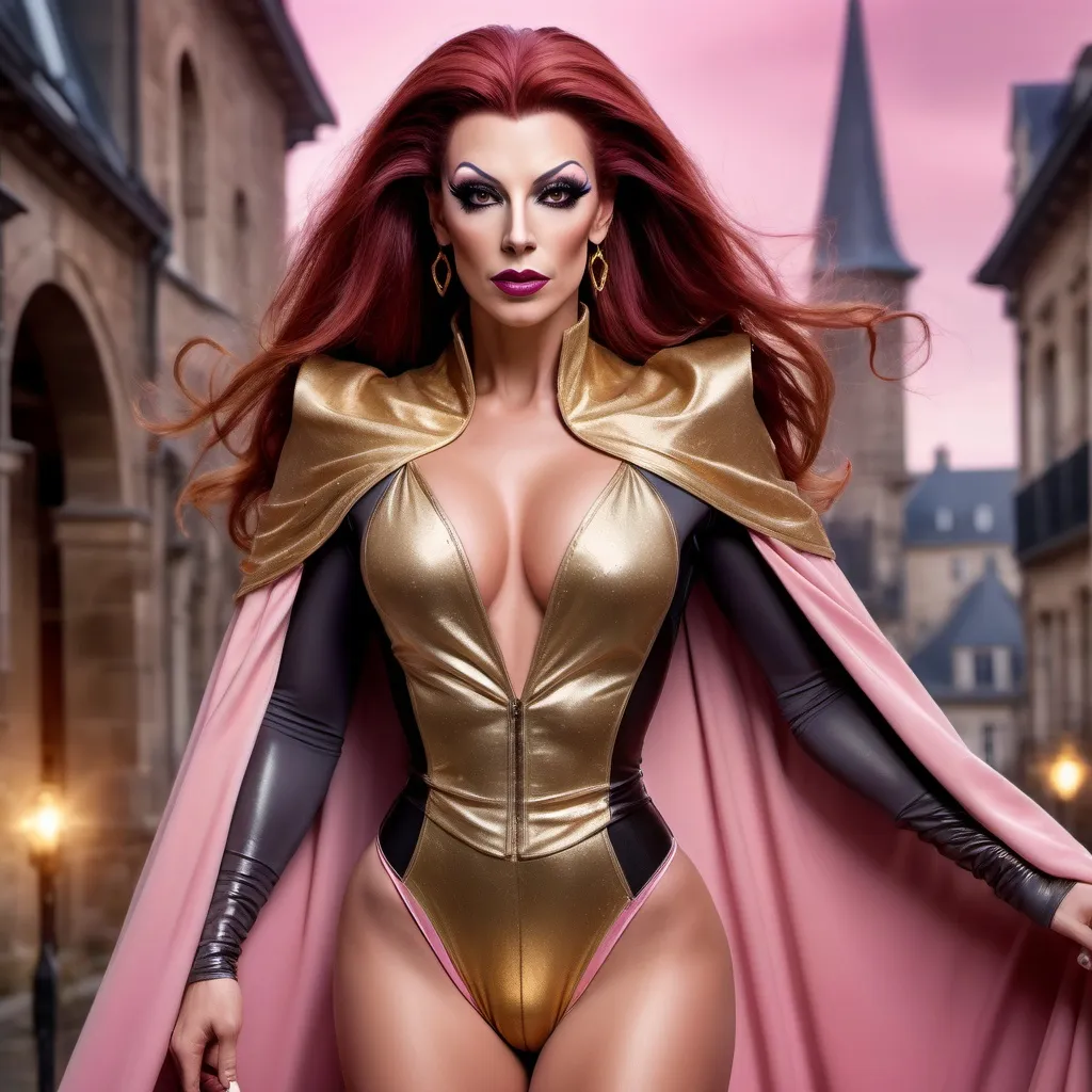 Prompt: (magic-filled encounter), gorgeous ultra-muscular French Drag queen wizard in her mid-30s, (dark red hair tied in a long ponytail), (mysterious golden cloak), striking (pink-grey eyes), stylish (tight pants), (leotard), alluring (stiletto heeled boots), atmospheric magical background, (enchanting ambiance), (4K ultra-detailed), visually captivating colors, dramatic lighting, embodying power and grace.