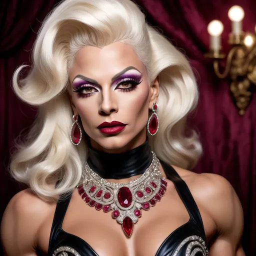 Prompt: Glamorously dressed gorgeous muscular 35-year-old olive-skinned Russian drag queen bodybuilder (platinum blonde hair, dark lipstick, drag queen facial features) of the 1990s, adorned with exquisite ruby jewelry, ruby vintage fashion with elegant silhouette, intricate details in designer clothing,  luxurious ambiance, soft lighting.