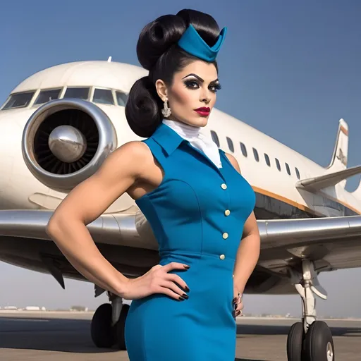 Prompt: Gorgeous ultra-muscular 25-year-old Persian hour glass figured drag queen (strong masculine jawline and brow facial features), with large busom and ridiculously long wavy black updo bun hairstyle dressed as a 1960s stewardess,  passenger plane in background. Full length photography. 