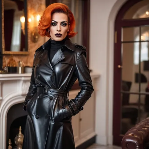 Prompt: Gorgeous muscular 35-year-old Turkish drag queen (masculine jawline and brow) with short sassy orange hair, wearing a tight long black leather trench coat, tight leather gloves, dark eyeshadow, 
dark red lipstick, standing in her mansion 