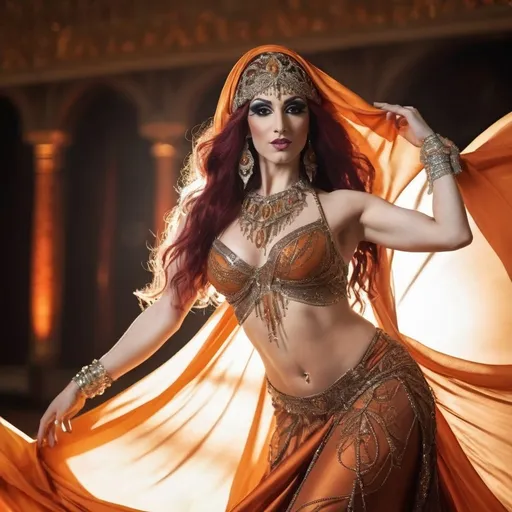 Prompt: A gorgeous, veru muscular,  25-year-old Turkish drag queen belly dancer, with large busom and dark orange hair, performing gracefully, dressed in an ornate, shimmering outfit with intricate beadwork and flowing fabric. Her hands are elegantly raised above her head, fingers delicately posed, creating a sense of motion and allure. The setting is softly lit with warm, golden tones, enhancing her vibrant costume and the glow of her skin. Background features faintly blurred patterns reminiscent of a Middle Eastern palace, with rich textures and colors. The scene captures her movement mid-dance, with the fabric of her skirt swirling gently around her