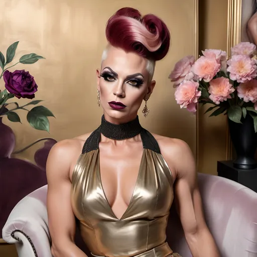 Prompt: oil painting of beautiful muscular 35-year-old Slovic drag queen (dark eyeshadow and dark red lipstick) wearing an (elegant sleeveless golden blouse,  black choker, diamond ring), and (off-white fancy skirt, fancy platinum pink hairstyle), sitting on armchair near a perfectly designed room with aesthetic wall and plum curtain, vase with flowers near the woman (close up shot) , good composition 