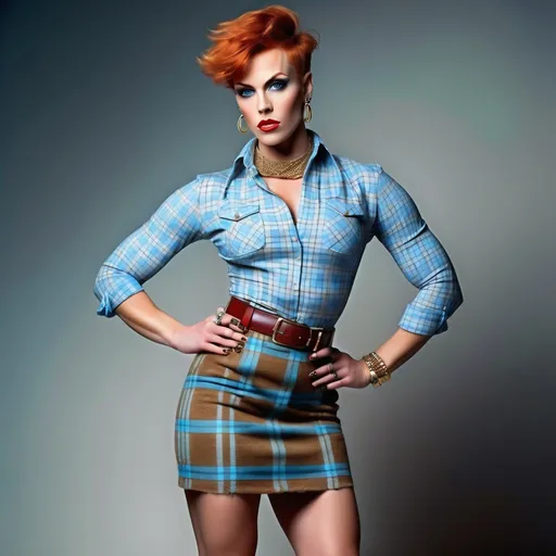 Prompt: (Beautiful Scandinavian drag queen (masculine jawline and brow features) fashion model), athletic physique, flawless skin, gorgeous face, piercing blue eyes, gold jewelry, silky red pixie cut hair, light blue checked shirt, khaki tweed plaid skirt, sleek shapely legs, fur trimmed suede boots, Capturing her muscular hourglass figure, standing tall featuring her long legs, in a cozy ski lodge lobby, warm lighting, inviting ambiance, ultra-detailed, 8K resolution, photorealistic, high-quality pro photo.