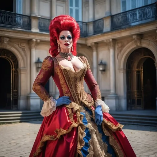 Prompt: (Gorgeous, muscular, 35-year-old French drag queen bodybuilder (with huge busom) during French Revolution 1789), (historic attire), elegant gown with intricate lace, powdered wig, stylized makeup, (dramatic atmosphere), (rich colors), vivid reds, deep blues, and gold accents, (historical setting), a grand palace courtyard, opulent architecture, (cinematic lighting), moody and intense, (4K), ultra-detailed visuals.