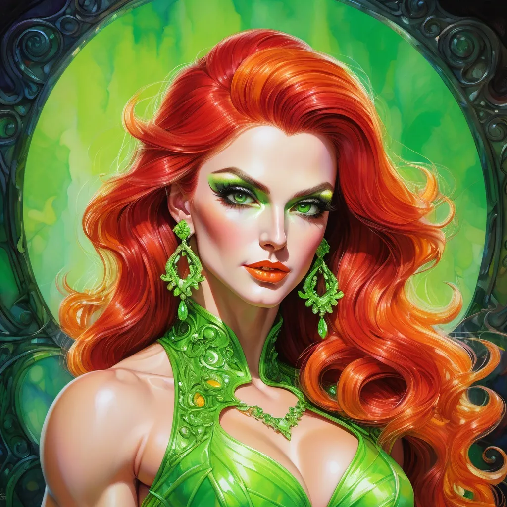 Prompt: Gorgeous ultra-muscular 25-year-old caucasian Czechian drag queen bodybuilder, dark red hair pinned up, neon green, neon orange, black dress, earrings, Watercolor, trending on artstation, sharp focus, studio photo, intricate details, highly detailed, by  Josephine Wall and Jasmine Becket-Griffith