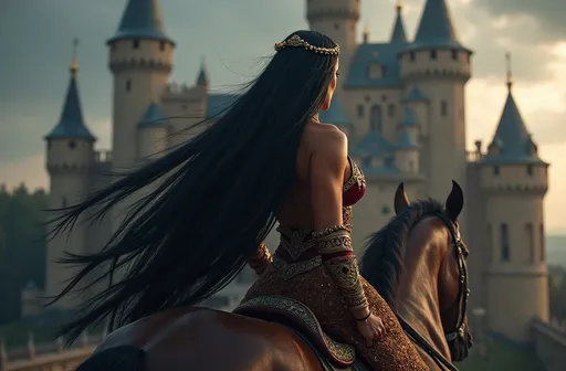 Prompt: A gorgeous muscular drag queen stands before her castle, her castle in the background, her back towards the viewer, she is mounted on her horse, long flowing black hair cascading elegantly down her back, royal attire shimmering with intricate details, high-reaching towers, under a dramatic dark sky, rich colors, ultra-detailed, high definition, emphasizing royal elegance and strength.