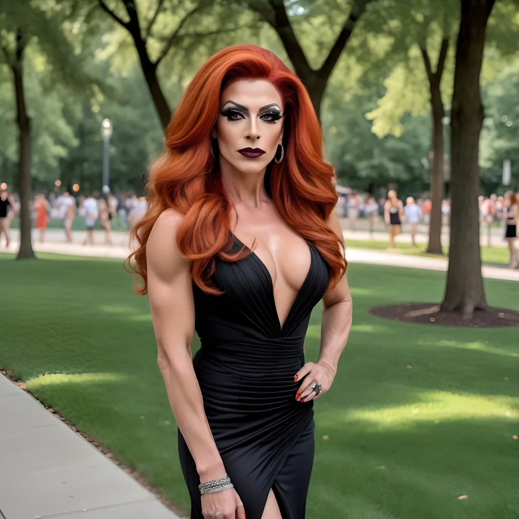 Prompt: A gorgeous muscular red-headed 35-year-old Turkish drag queen with a long dark orange swept over hair, with  strong masculine facial features,  dark eyeshadow and dark lipstick,  wearing a Knit Pleat-Back Dress, and 8 inch stiletto high heel shoes,  walking through Grant Park in the summer.