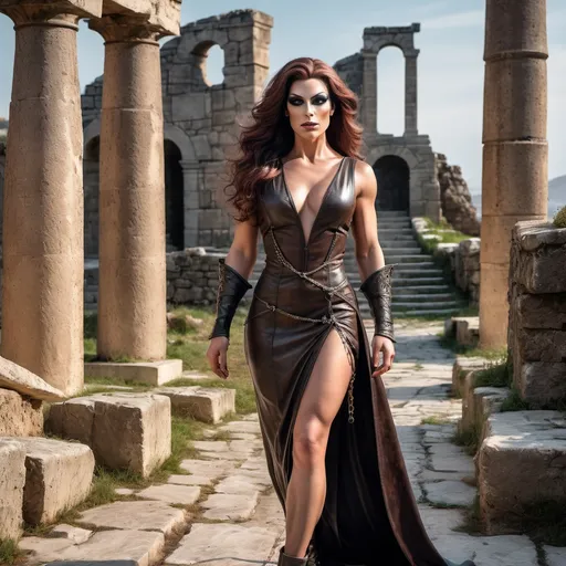 Prompt: realistc, Full female body, walking toward, gorgeous muscular Greek drag queen mistress (masculine jawline and brow features), long leather medieval dress with body, dominant stance, looking over shoulder, set between ancient ruins, magical spells in the air