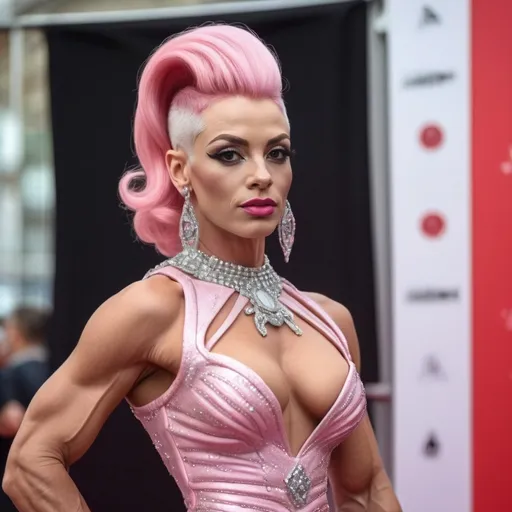 Prompt: Very detailed and hyper realistic full-length photo of a gorgeous  muscular 25-year-old French drag queen bodybuilder with 1950s style pink hair wearing a hyper realistic and very detailed Paco Rabanne dress 64k, ultra hd, 3d quality  500mpx reflex red carpet awards