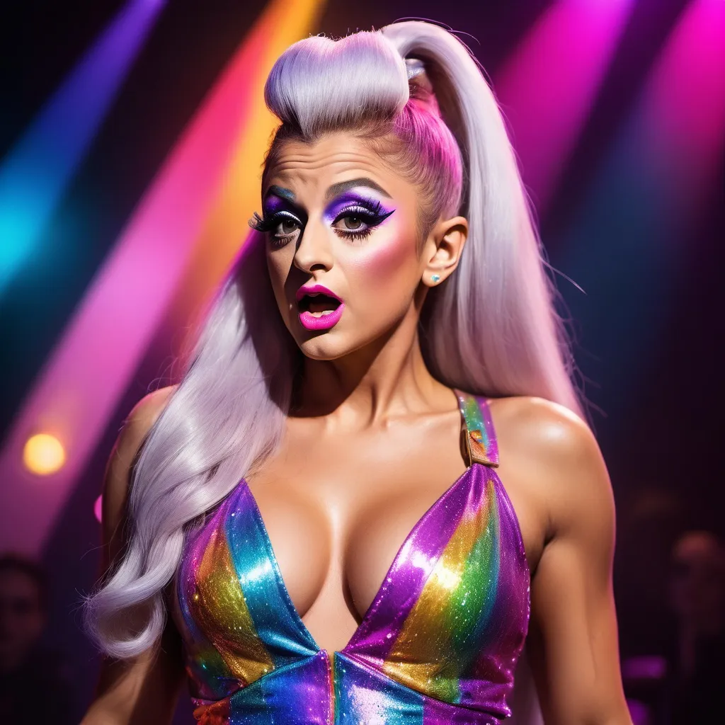 Prompt: Rodney Dangerfield dressed up as a gorgeous ultra-muscular 25-year-old drag queen Ariana Grande performing on stage.