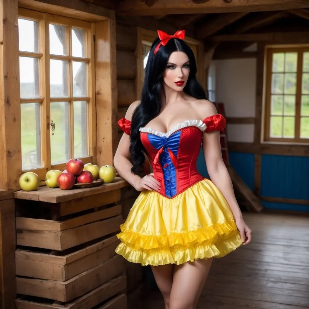 Prompt: Gorgeous ultra-muscular 25-year-old Finnish goddess with huge busom and ridiculously long straight shiny black hair dressed as Snow White with a yellow frilly dress, a blue & red corset, a red ribbon in her hair, and 8 inch stiletto high heel shoes.  Holding an apple in a quaint cottage.