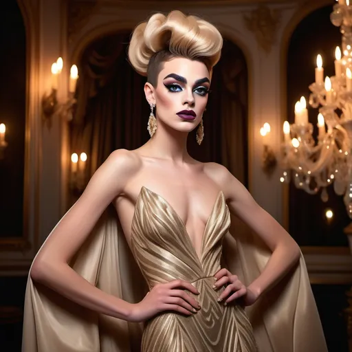 Prompt: Elegant 19-year-old French drag queen (with strong masculine jawline and brow facial features), adorned in a flowing gown that sways gracefully, radiating poise and sophistication, set against a softly blurred opulent background filled with twilight colors, exuding an atmosphere of charm and allure, high fashion portrait, ultra-detailed, luxurious textures, warm golden lighting, capturing the essence of elegance in every detail.