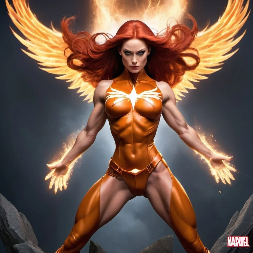 Prompt: Gorgeous muscular Jean Grey as the Phoenix Force, long muscular legs, muscular physique, 8 inch stiletto high heel boots 