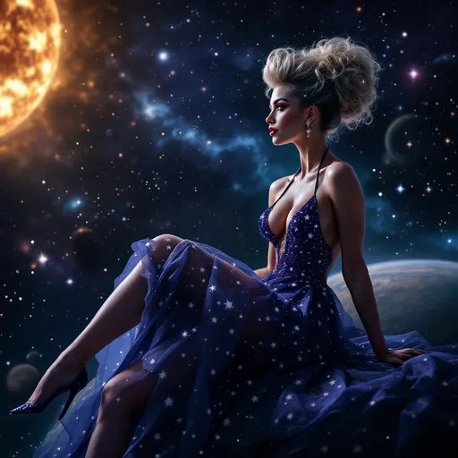 Prompt: Gorgeous muscular 35-year-old French drag queen Goddess with salt and pepper updo hair with stars in her eyes wearing a short flowing star covered halter top gown sitting on a planet looking out into space. Background is the solar system 