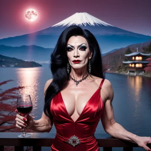 Prompt: Gorgeous muscular 45-year-old Greman drag queen (with strong masculine jawline) in a red gown, black hair, drinking blood wine at the balcony. She smirks in content and pleasure. Gothic style. Full moon. Lake Ashi with clear mount Fuji in the background. Winter time.