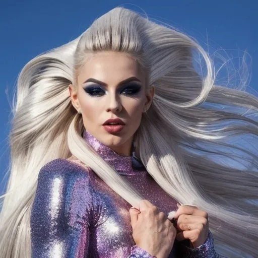 Prompt: Gorgeous ultra-muscular 25-year-old Icelandic drag queen bodybuilder with very long straight shiny silver hair (((blowing in the wind))) (striking pose), fashion icon, wearing (elegant) MiuMiu ensemble, dramatic theatrical makeup, bold accessories, glittering sequins, vibrant colors, high-fashion style, expressive facial features, ultra-detailed, captivating ambiance, modern glamour, sumptuous lighting, background in a chic urban setting, showcasing glamorous fashion atmosphere, HD quality.