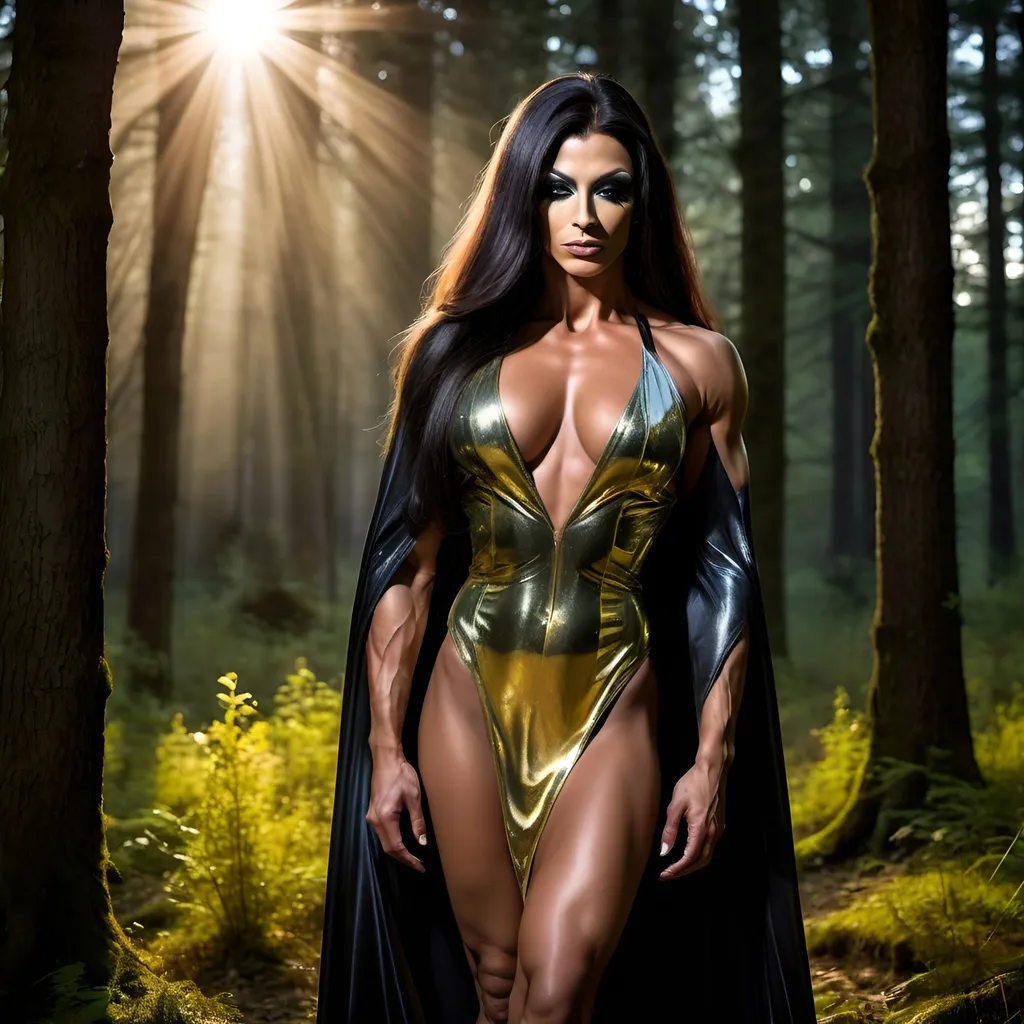 Prompt: Darkness falls on the meadow, a gorgeous ultra-muscular 25-year-old Bulgarian drag queen bodybuilder,  well endowed, dark straight shiny hair, in flowing robes of sunshine, light a path through the darkness and in the eerie forest.