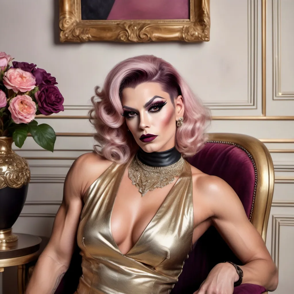 Prompt: oil painting of beautiful muscular 35-year-old Slovic drag queen (dark eyeshadow and dark red lipstick) wearing an (elegant sleeveless golden blouse,  black choker, diamond ring), and (off-white fancy skirt, fancy platinum pink hairstyle), sitting on armchair near a perfectly designed room with aesthetic wall and plum curtain, vase with flowers near the woman (close up shot) , good composition 