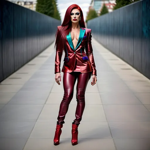 Prompt: A gorgeous ultra-muscular 25-year-old Czechian drag queen bodybuilder with very long straight shiny dark red hair wearing a Men’s blazer as a (fashion dress), high-heeled boots, (vibrant colors), modern design, chic and stylish, dramatic flair, unique ensemble, striking contrast, luxurious fabric textures, sleek silhouette, fashion runway atmosphere, (ultra-detailed), showcasing bold femininity, (high fashion), contemporary styling, inspiring confidence and elegance.