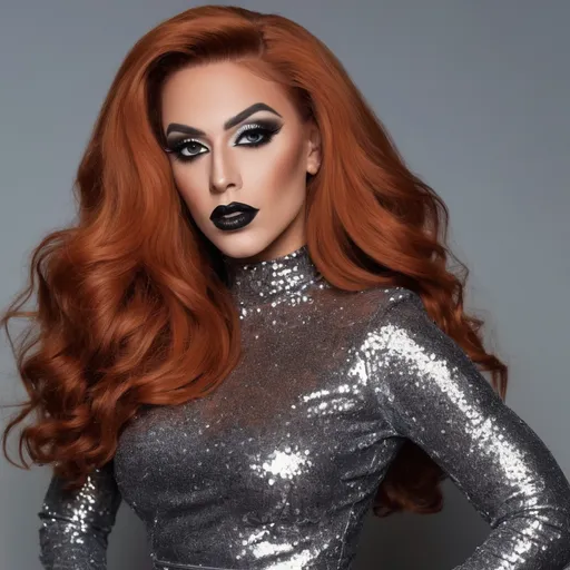 Prompt: The image is a portrait of A Gorgeous, very muscular 21-year-old Greek drag queen (with strong masculine facial features, dark lipstick, large busom, long burnt orange hair) posing in a glamorous outfit. She is wearing a long, black dress with a high neckline and long sleeves. The dress is covered in shiny silver sequins that sparkle in the light. The woman has burnt orange hair styled in an updo with a dramatic updo and is wearing dramatic makeup with dark eyeliner and red lipstick. She has a black fur stole draped over her shoulders and her arms are stretched out to the sides, as if she is dancing or posing for the camera. The background is a plain grey color, making the woman the focal point of the image.