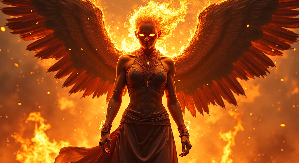 Prompt: Ultra-muscular dark angel with dark masked face of fire, fire coming from her eyes, wings made of fiery flame, flying into hell, attacking demon hoard