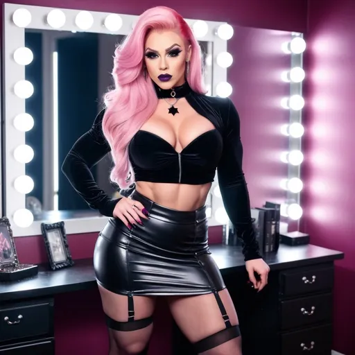 Prompt: photo of a gorgeous ultra-muscular 25-year-old Finnish drag queen bodybuilder with a huge busom, ridiculously lonk pink hair, mirror behind her. wearing skimpy black goth velvety blouse, and very short micro pleated skirt and tight black tights. wearing a choker. goth lips. bending over. very attractive. high detail realistic. thick thighs,  full body shot, professional photo. Studio lighting, backlit, realistic lighting. hdr uhd 8k ultra-realistic render,  very high detail skin, beautiful face, 