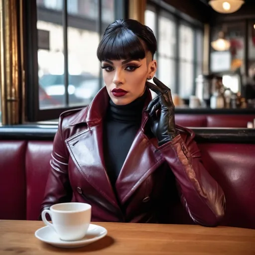 Prompt: Gorgeous muscular 20-year-old French drag queen (strong masculine jawline and brow facial features) bodybuilder, narrow face (burgundy matte lipstick), dark hair bangs combed to one side, boyish body, shiny crinkled wrinkly creased red leather sport coat , tight black leather gloves, in a turtleneck, jeans, in a cafe having tea in London 