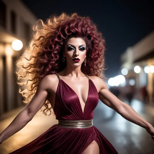 Prompt: A very masculine, yet gorgeous, muscular 25-year-old Greek drag queen dancer in motion, she wearing courful long frock, dark eyeshadow, burgundy lipstick and she has curly hair, she warship to sun , sun rise captured with long exposure photography Nikon D850 DSLR camera f/4. ISO 200