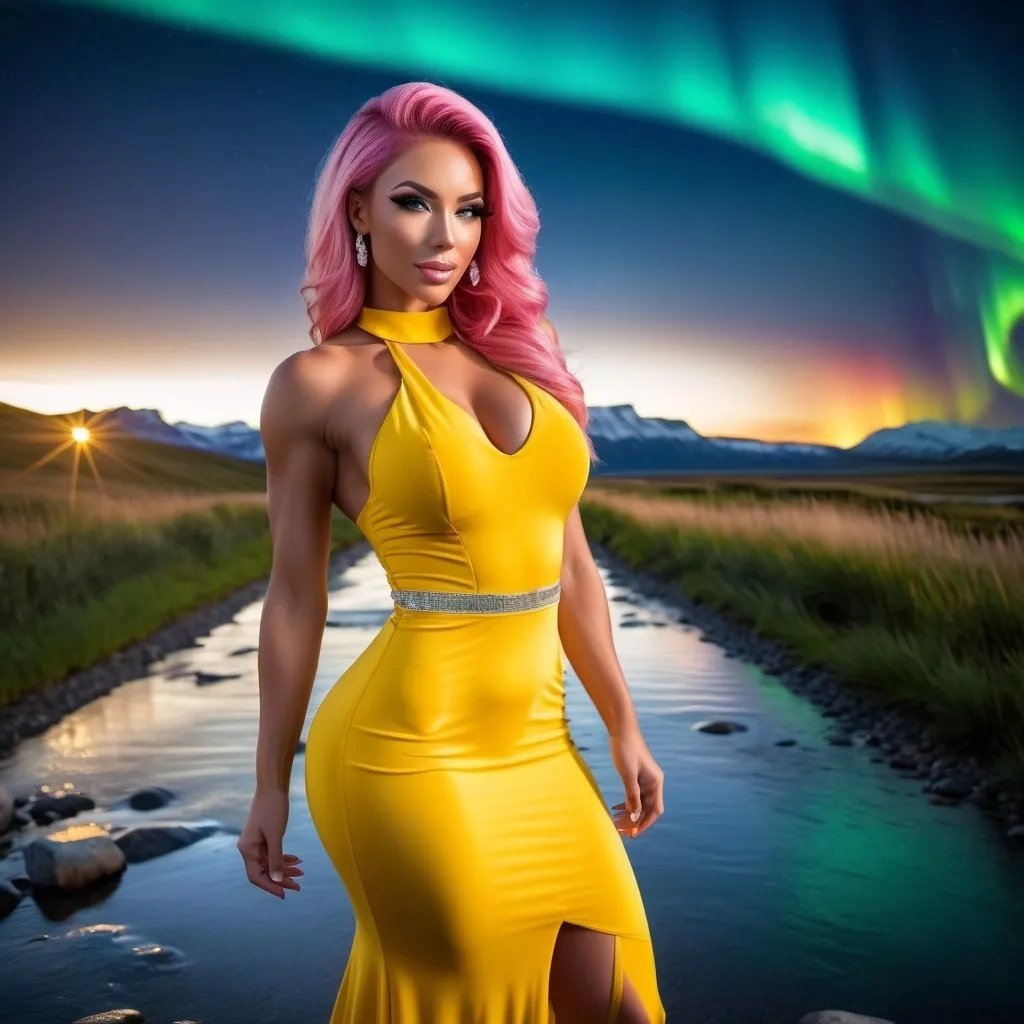 Prompt: Gorgeous ultra-muscular 25-year-old Czechian goddess bodybuilder with huge busom and short styled pink hair, wearing a long backless yellow gown, and 8 inch stiletto high heel shoes, standing in wilderness with the northern lights in the background, no shoes on, running in puddles, full body shot, cobblestone street, 5 0 0 px models, amazement, photo render, eye-candy, a woman with blue eyes gazing longingly at the viewer, perfect skin, no blemishes, perfect white teeth, aquiline features, detailed makeup, flawless,