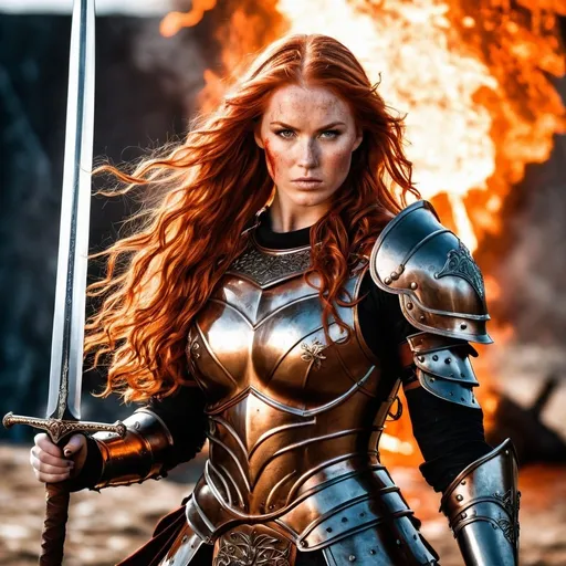 Prompt: Gorgeous ultra-muscular 25-year-old Finnish goddess with huge busom and ridiculously long wavy fiery red hair, dressed as a warrior princess in complete bronze armor and a gleeming steel longsword in the midst of a bloody and fiery battle.