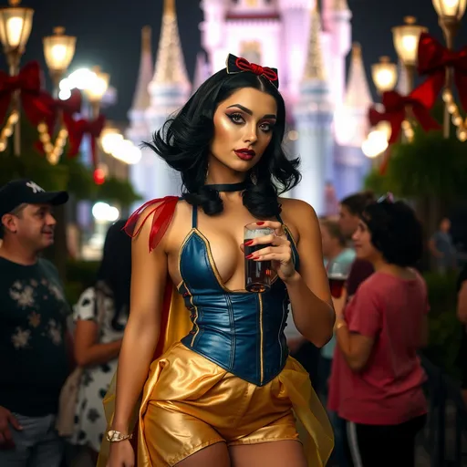 Prompt: Gorgeous ultra-muscular 25-year-old Swedish drag queen Snow White with 8 inch stiletto high heel shoes, dark mascara, eyeshadow and dark red lipstick, standing in Disney World holding a beer and flirting with guests at night