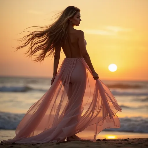 Prompt: Classy gorgeous 25-year-old Portuguese drag queen bodybuilder with huge busom, ridiculously long wavy flowing hair (((blowing in the wind))) wearing and extremely long backless sheer gown walking barefoot on the beach at sunset. Composition focus on dress.