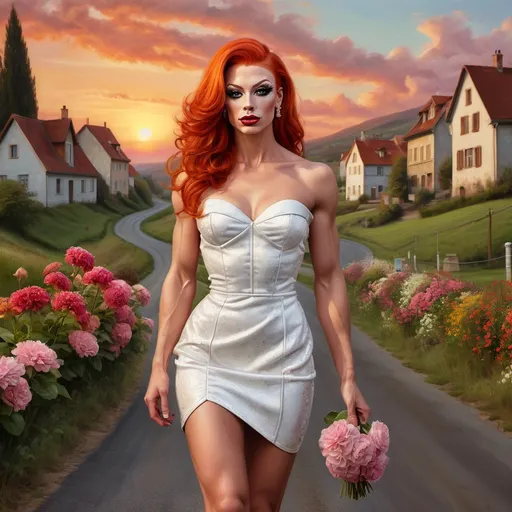 Prompt: 
Digital art Detailed High Resolution Hyper realistic painting of a gorgeous muscular 25-year-old Czechian red-headed drag queen (with very strong masculine jawline) with well blending and matching strapless top short dress, white stiletto high heel shoes holding a boutique of flowers and walking on country road In the background on the hill there is a village and a beautiful sunset .