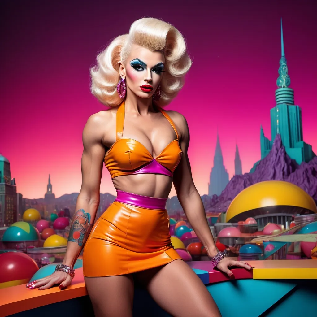 Prompt: 20st century gorgeous ultra-muscular 25-year-old Czechian drag queen bodybuilder dressed in 1990s fashion clothes and 8 inch stiletto high heel shoes has been trans ported to a planet of 1950s drag queens.