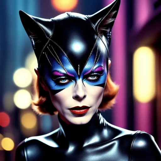 Prompt: David Bowie dressed as a 25-year-old gorgeous drag queen Catwoman.