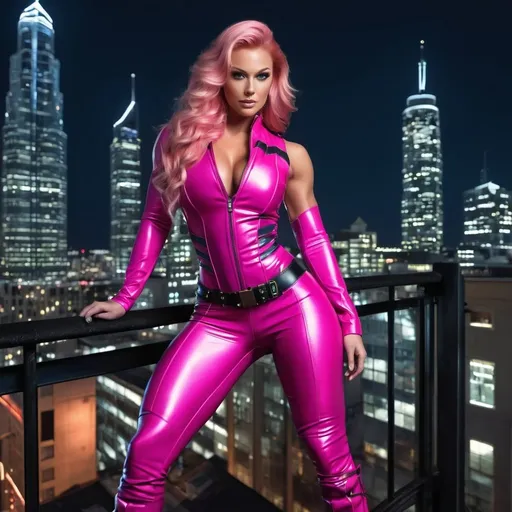 Prompt: Gorgeous ultra-muscular 25-year-old Finnish goddess bodybuilder with huge busom and ridiculously long wavy pink hair wearing skintight form-fitting brightly colored leather armor suit and 8 inch stiletto high heel boots is perched on a side of a building at night,  Artgerm, photorealism, official art, concept art, urban setting, skyscrapers, nighttime, sleek design, professional, atmospheric lighting, city lights casting a cool glow, detailed cityscape, dark tones, high quality, photorealistic, detailed facial features, intense and focused gaze, nighttime cityscape, official attire, urban landscape, detailed environment, highres, ultra-detailed