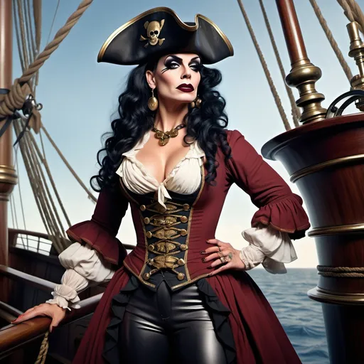 Prompt: A stunning, hyper-realistic and vividly colored depiction of a gorgeous muscular 35-year-old French pirate drag queen (dark eyeshadow, dark red matte lipstick, black hair, abd big busom) in the 1860s. She stands confidently at the bow of a majestic pirate ship, holding a telescope as she searches for her next prey.