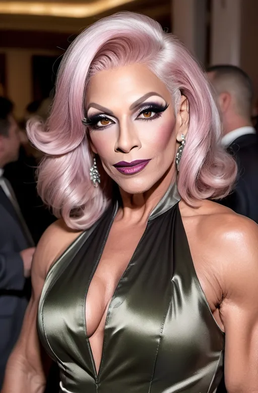 Prompt: (sultry figure), athletic 55-year-old drag queen, grey eyes, platinum pink hair, olive skin tone, 6'5" tall, muscular physique, dark eye makeup, dark lipstick, attending a charity gala, wearing an (black satin slip dress), sophisticated 8 inch stiletto heels, matching clutch, glamorous atmosphere, (elegant lighting), opulent venue, chic decorations, captivating ambiance, high detail, 4K quality, striking beauty.