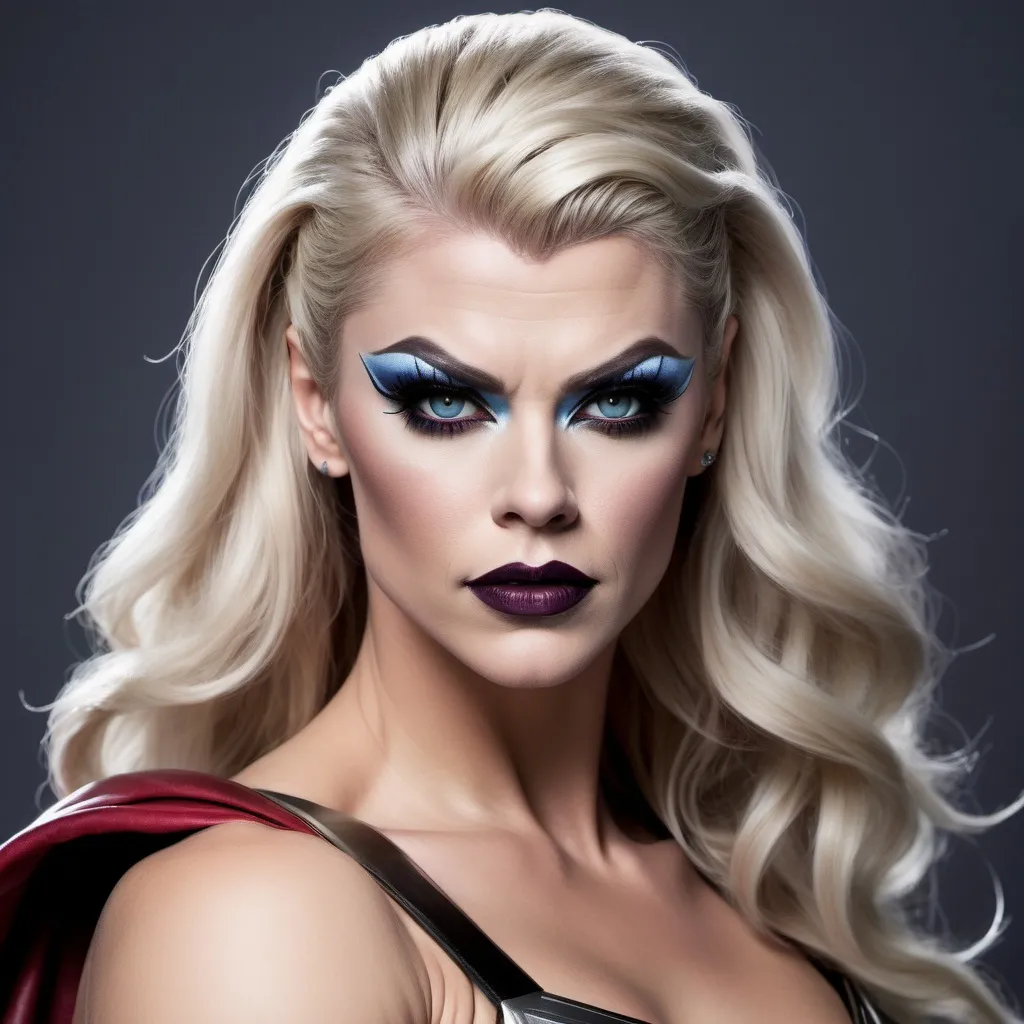 Prompt: If Thor was a gorgeous hyper-muscular 25-year-old drag queen with Dark eye makeup and dark lipstick. Wearing 8 inch stiletto high heel shoes.