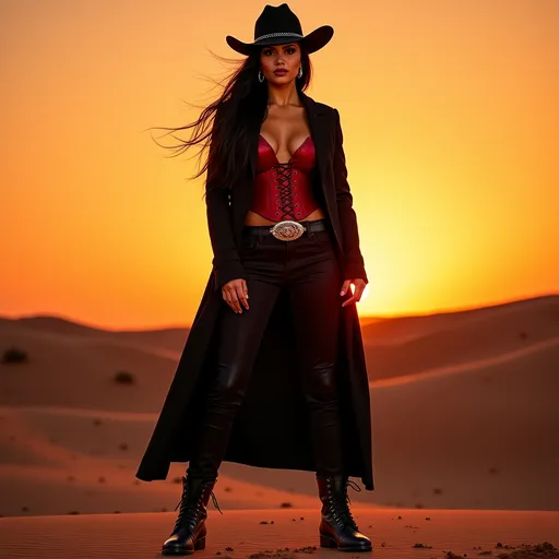 Prompt: (Gorgeous ultra-muscular 25-year-old Italian drag queen bodybuilder cowgirl with ridiculously long black hair), standing confidently in a dark red corset and elegant black pants and longcoat, full body shot, vibrant desert background at sunset, warm golden and crimson tones illuminating the scene, dramatic shadows, ultra-detailed, capturing an adventurous and daring spirit, dynamic pose, rugged leather boots, striking facial features, showcasing both strength and beauty.