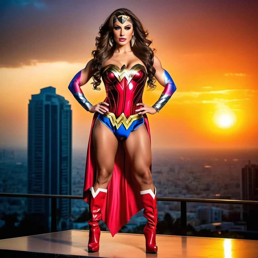 Prompt: (Gorgeous ultra-muscular Israeli drag queen bodybuilder wearing wonder woman dress and 8 inch stiletto high heel boots) age 25 years old, professional photo, vivid colors, studio lighting, hyper detailed, HDR, bokeh, long silk hair, full body, perfect anatomy, beautiful face ,Sunset background, highly realistic, ultra-detailed, 8K, high quality.