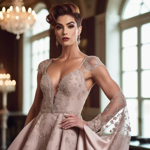 Prompt: Gorgeous muscular 25-year-old Turkish drag queen bodybuilder (strong masculine jawline and brow facial features) with short dark red hair dressed in a delicate Valentino dress, ethereal elegance, soft flowing fabric, intricate lace details, graceful pose, capturing a moment of poise, muted colors with gentle pastel tones, background featuring an opulent setting, dreamy ambiance, ultra-detailed, high quality, focusing on fashion artistry, bringing forth luxury and sophistication.